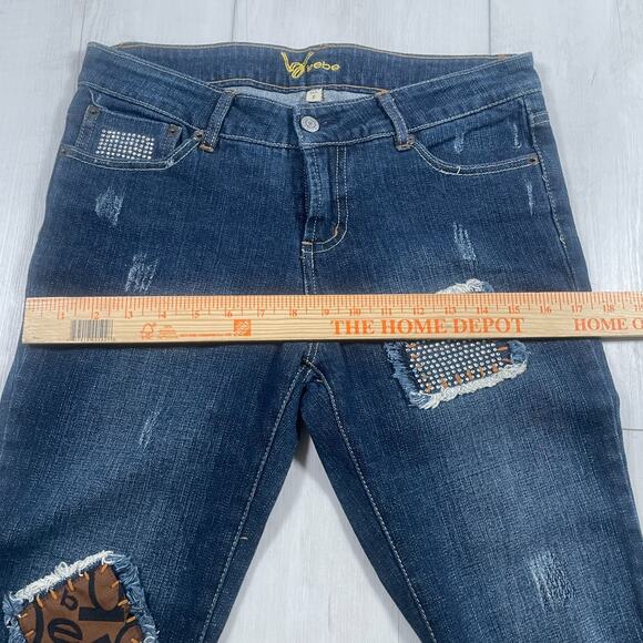 Vintage Bebe Y2k Low Rise Size 31 Flare Jeans Patchwork Rhinestone Distressed - Picture 14 of 16
